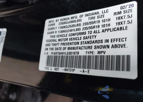 2020 Honda Cr-V Hybrid Touring from USA, damaged, VIN 7FART6H91LE001978
